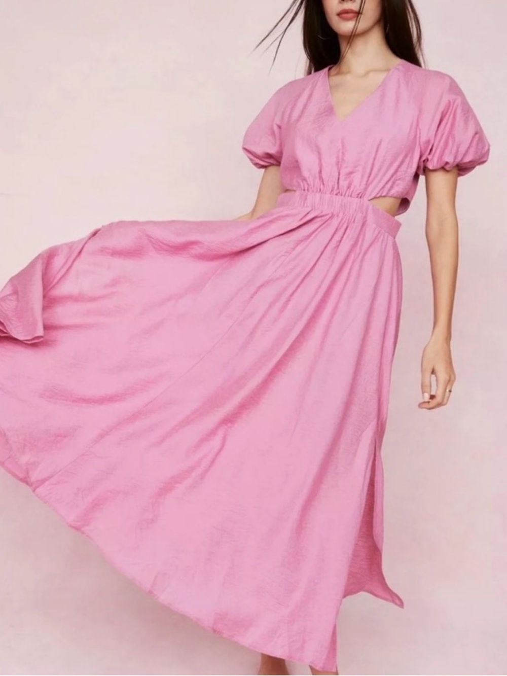 Nasty Gal Pink Cut Out Puff Sleeve Dreamy Flowy Maxi Dress - Size 4